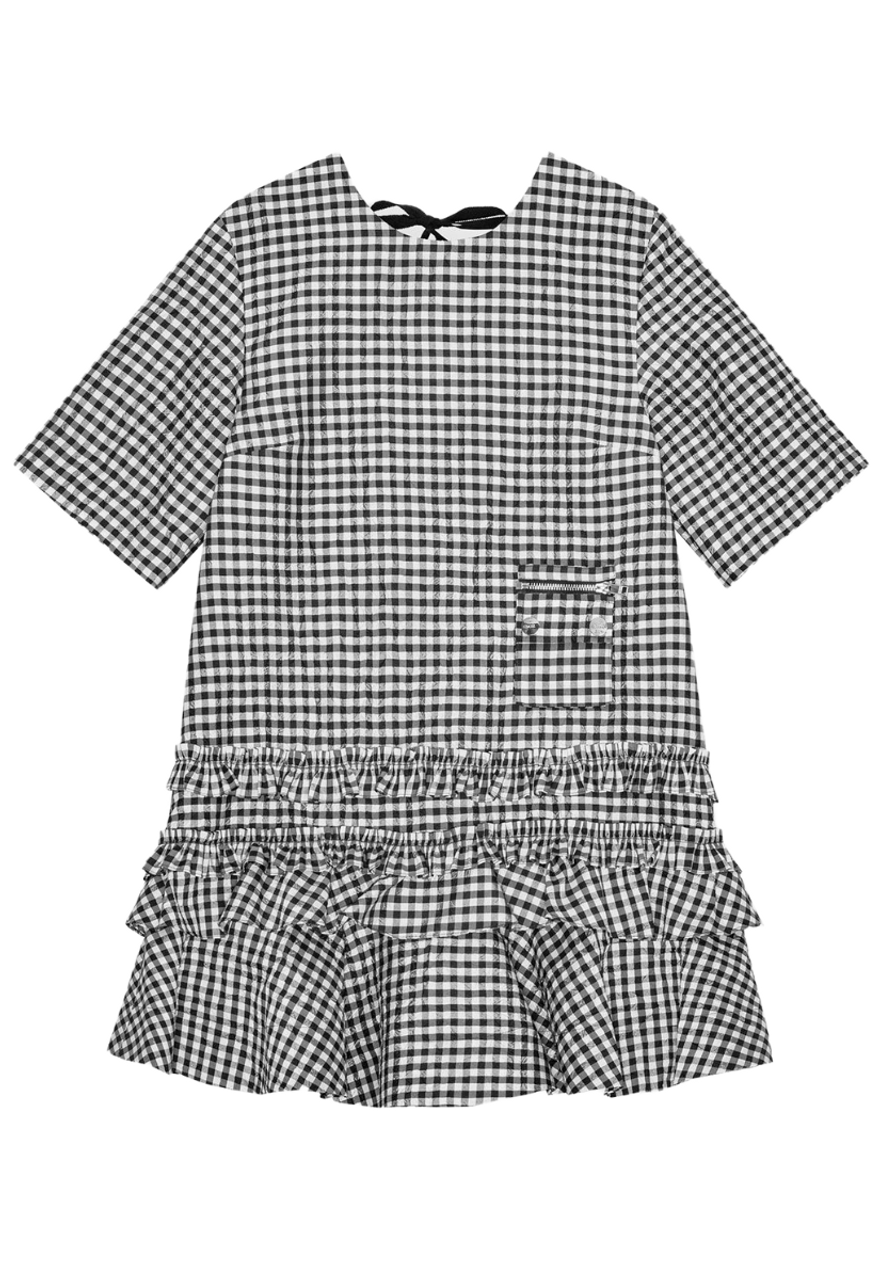 Ganni ■Crinkled Taffeta Check Open Back Mini Dress - Black Crinkled Taffeta Check Open Back Mini Dress Black - GANNI